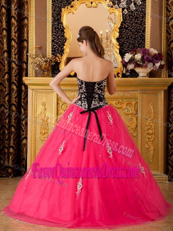 Black and Hot Pink A-line Tulle Beaded Dress for Quinceaneras for Cheap